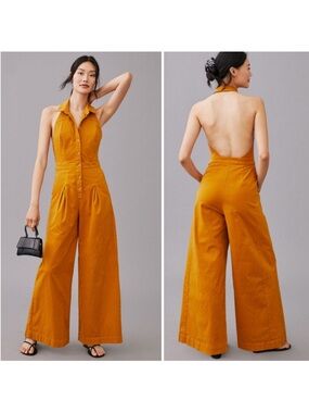 Anthropologie Picnic Halter Wide-Leg Jumpsuit - Mustard Yellow